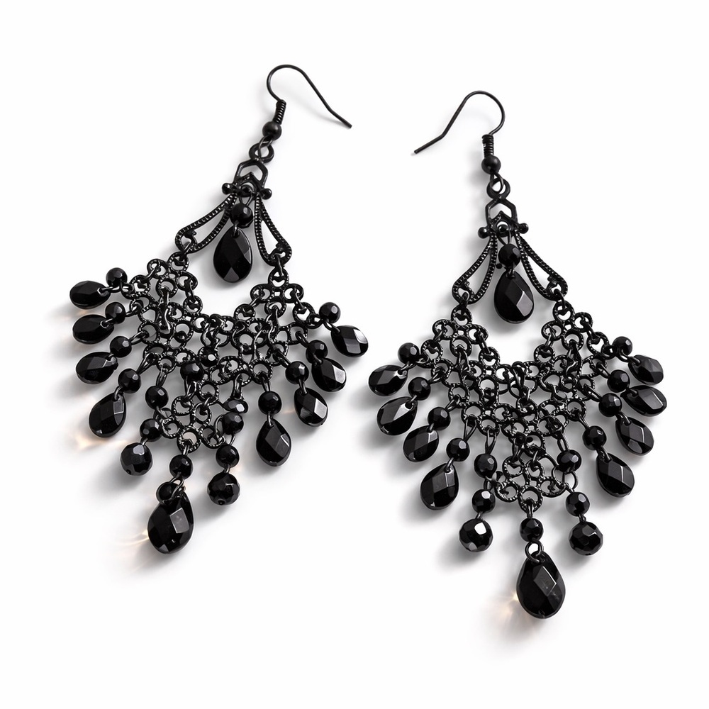 Black Chandelier Dangle Earrings Statement Filigree Teardrop